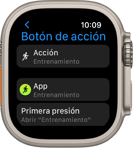 Pantalla del botón de acción en el Apple Watch Ultra mostrando que se seleccionó la opción Entrenamiento para la acción y la app. Al presionar el botón de acción una vez, se abre la app Entrenamiento.