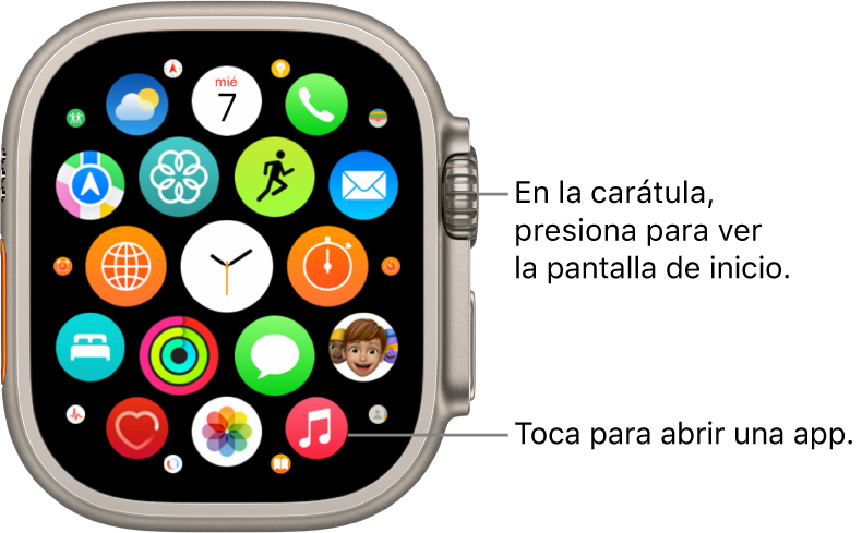 Pantalla de inicio con la visualización como cuadrícula en el Apple Watch, con apps en un grupo. Toca una app para abrirla. Arrastra para ver más apps.