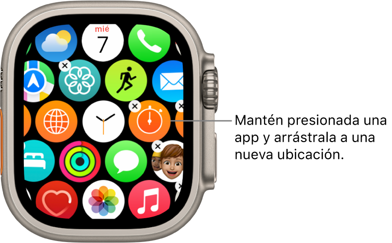Pantalla de inicio del Apple Watch en la visualización como cuadrícula.