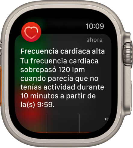 La pantalla Frecuencia cardiaca alta mostrando una notificación que indica que tu frecuencia es mayor a 120 LPM cuando llevas 10 minutos inactivo.