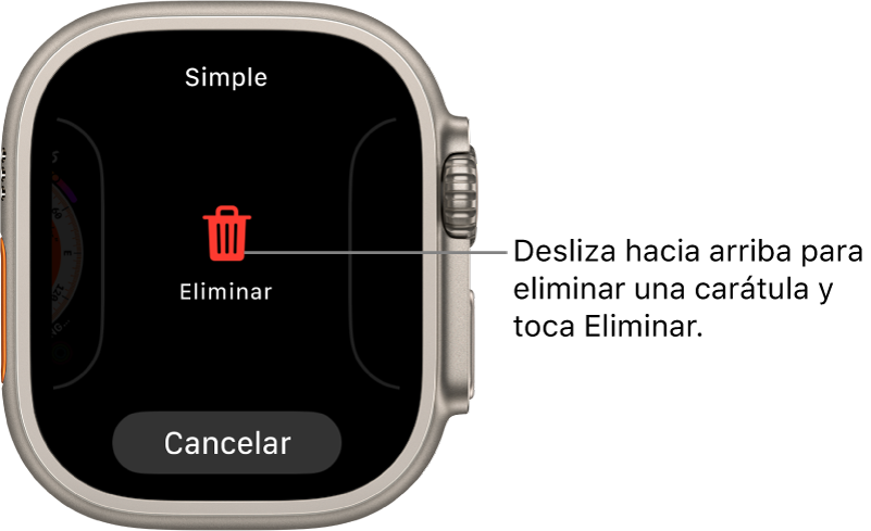 La pantalla del Apple Watch mostrando los botones Eliminar y Cancelar, que aparecen una vez que te has desplazado a una carátula y que la has deslizado hacia arriba para eliminarla.