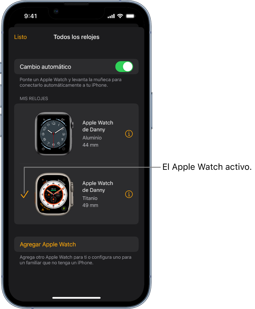En la pantalla Todos los relojes en la app Apple Watch se muestra el Apple Watch activo con una casilla seleccionada.