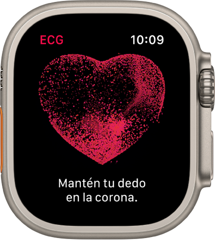 La app ECG muestra una imagen de un corazón y el mensaje Mantén tu dedo en la corona.