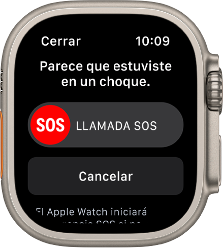 La pantalla de detección de choques mostrando el regulador Llamada SOS y el botón Cancelar.