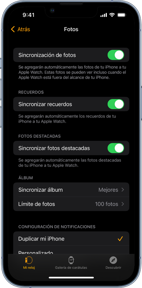 La configuración de Fotos en la app Apple Watch en el iPhone, con la configuración Sincronización de fotos en el centro y la configuración Límite de fotos abajo.