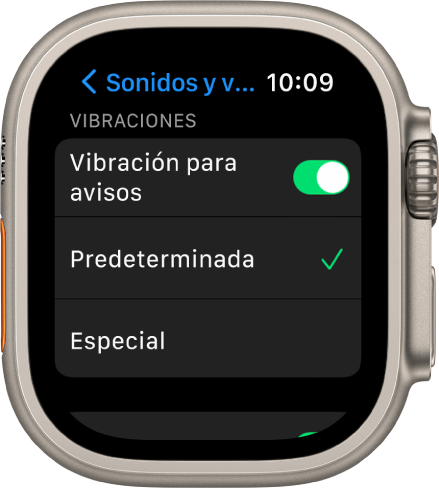 Configuración de Sonidos y vibración en el Apple Watch con el interruptor Vibración para avisos y los botones Predeterminado y Especial debajo.