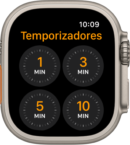 Pantalla de la app Temporizador mostrando temporizadores de 1, 3, 5 o 10 minutos.