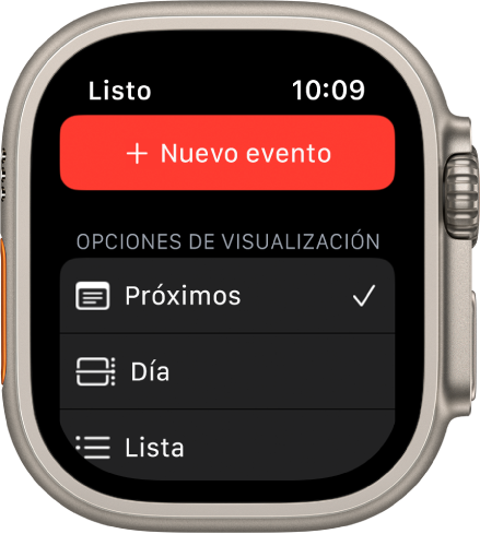 La pantalla de la app Calendario muestra el botón Evento nuevo en la parte superior y tres opciones de visualización debajo: Próximos, Día y Lista.