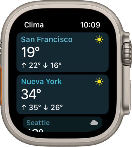 La app Clima mostrando los detalles del clima de dos ciudades en una lista.