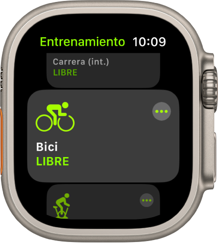La pantalla Entrenamiento con la opción Bici al aire libre resaltada.