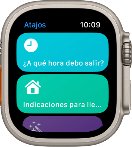 La app Atajos en el Apple Watch muestra dos atajos: ¿A qué hora debo salir? y Obtener ruta para ir a casa.