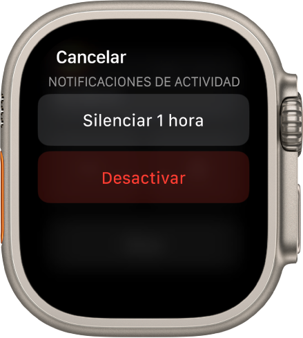 Configuración de notificaciones en el Apple Watch. El botón superior dice Silenciar 1 hora. Abajo está en botón Apagar.
