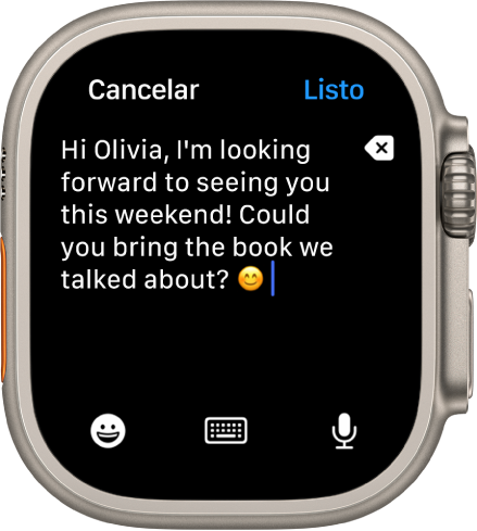 La app Mail muestra una pantalla en la que puedes redactar un mensaje de correo. El cuerpo del texto está cerca de la parte superior, y el botón Eliminar está a la derecha. En la parte inferior están los botones Emoji, Teclado y Dictar. Hay un botón Listo en la esquina superior derecha.