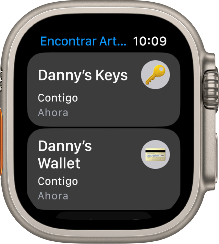 La app Encontrar Artículos muestra que los AirTags conectados a un juego de llaves y una cartera están contigo.