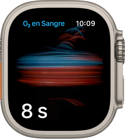 La pantalla Oxígeno en Sangre tomando una medida; contando de 8 a 0.