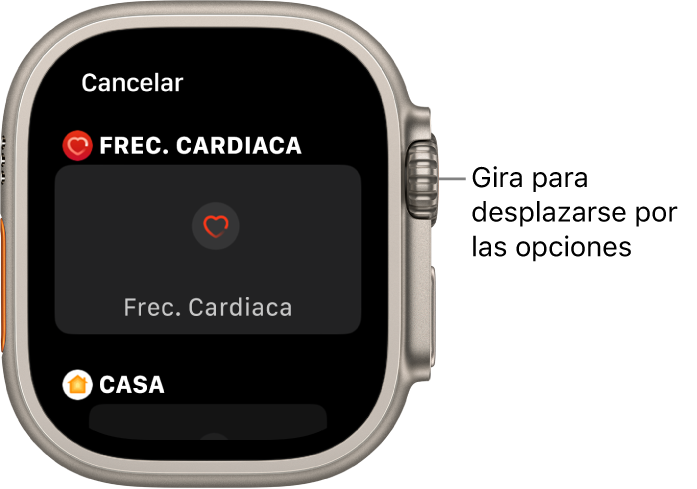 La pantalla de personalización de una esfera con la complicación “Frec. cardiaca” resaltada. Gira la corona Digital Crown para ver las complicaciones.