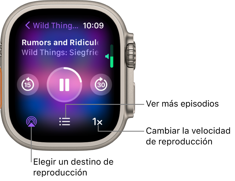 Una pantalla “Ahora suena” de Podcasts, con el título del programa, el título del episodio, la fecha, el botón de retroceder 15 segundos, el botón de pausa, el botón de avanzar 30 segundos, el botón de AirPlay, el botón de episodios y el botón de velocidad de reproducción.