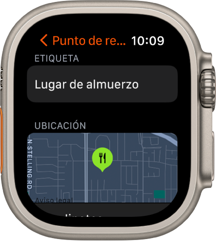 La app Brújula con la pantalla de edición de un punto de referencia. En la parte superior está el campo de etiqueta. Abajo está la zona de ubicación, que muestra la ubicación del punto de referencia en un mapa. Al punto de referencia se le ha aplicado el símbolo de comedor.
