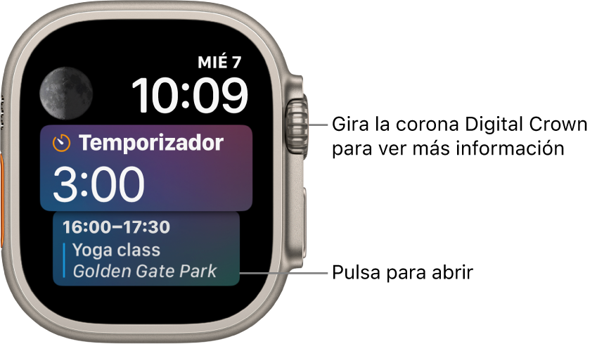 Esfera Siri, con la fecha y la hora arriba a la derecha. Arriba a la izquierda hay una complicación “Fase lunar”. Debajo se muestra una complicación Temporizadores con la canción que se está reproduciendo. Abajo se muestra la complicación Calendario.