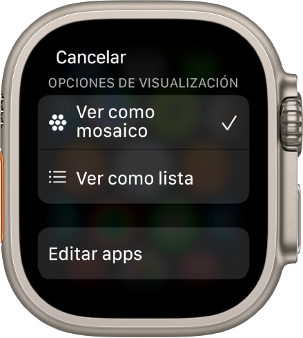 Pantalla de opciones de visualización con los botones “Visualización de mosaico” y “Visualización de lista”. El botón “Editar apps” está en la parte inferior de la pantalla.