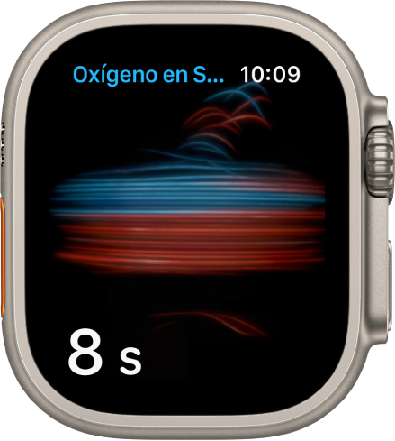 La pantalla de Oxígeno en Sangre tomando una medida; cuenta atrás a partir de 8.