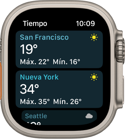 La app Tiempo, con información del tiempo en una lista de dos ciudades.