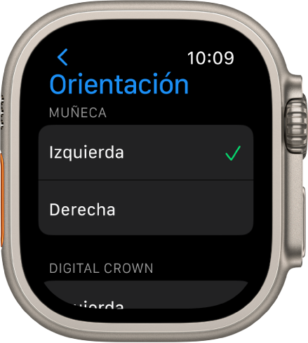 La pantalla de Orientación en el Apple Watch Puedes ajustar las preferencias en cuanto a la muñeca y la corona Digital Crown.