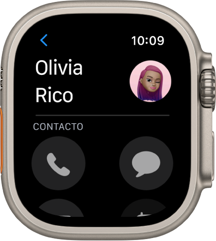 La app Contactos con un contacto. El nombre del contacto está cerca de la parte superior izquierda y su foto aparece arriba a la derecha. Debajo están los botones Teléfono y Mensajes.