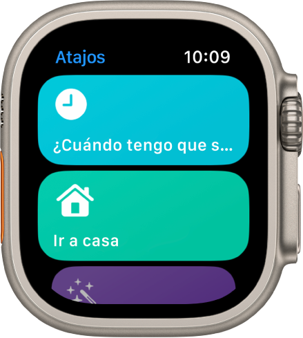 App Atajos en el Apple Watch con dos atajos: “Cuándo tengo que salir” y “Dame direcciones a casa”.