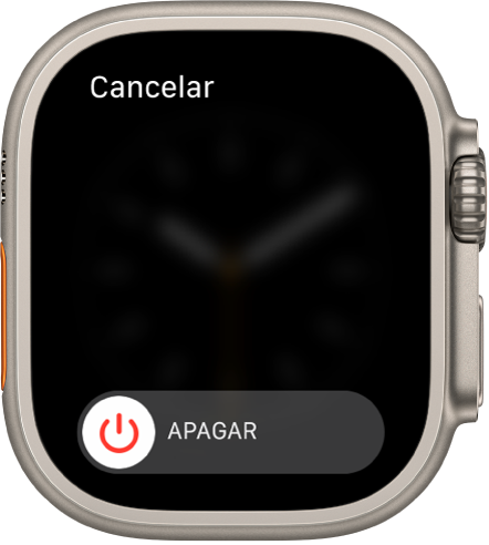 La pantalla del Apple Watch, con el regulador de apagado. Arrastra el regulador Apagar para apagar el Apple Watch.