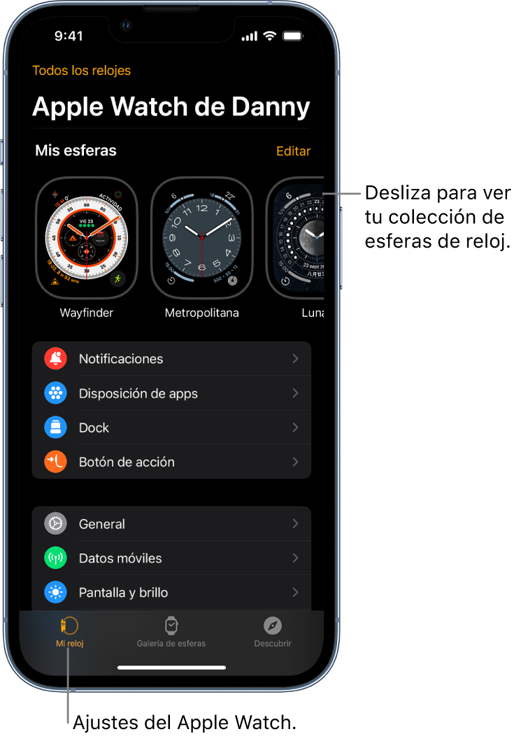 La app Apple Watch del iPhone abierta en la pantalla “Mi reloj”, donde se muestran las esferas del reloj junto a la parte superior y los ajustes debajo. Hay tres pestañas en la parte inferior de la pantalla de la app Apple Watch: la pestaña izquierda es “Mi reloj”, donde puedes ver los ajustes del Apple Watch; a continuación se encuentra la pestaña “Galería de esferas”, donde puedes explorar las esferas y complicaciones disponibles; y por último está la pestaña Descubrir, donde puedes aprender más sobre el Apple Watch.