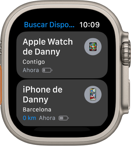 App Buscar Dispositivos con dos dispositivos: un Apple Watch y un iPhone.