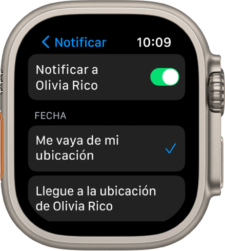 La pantalla de notificación de la app Buscar Personas. “Cuando me vaya de mi ubicación” aparece seleccionado.