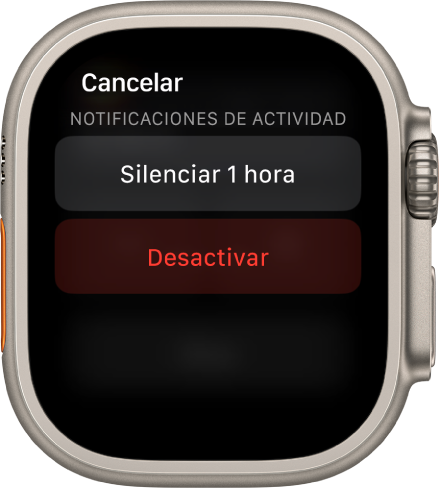 Ajustes de notificación del Apple Watch. El botón superior dice “Durante 1 hora”. Debajo aparece el botón Desactivar.
