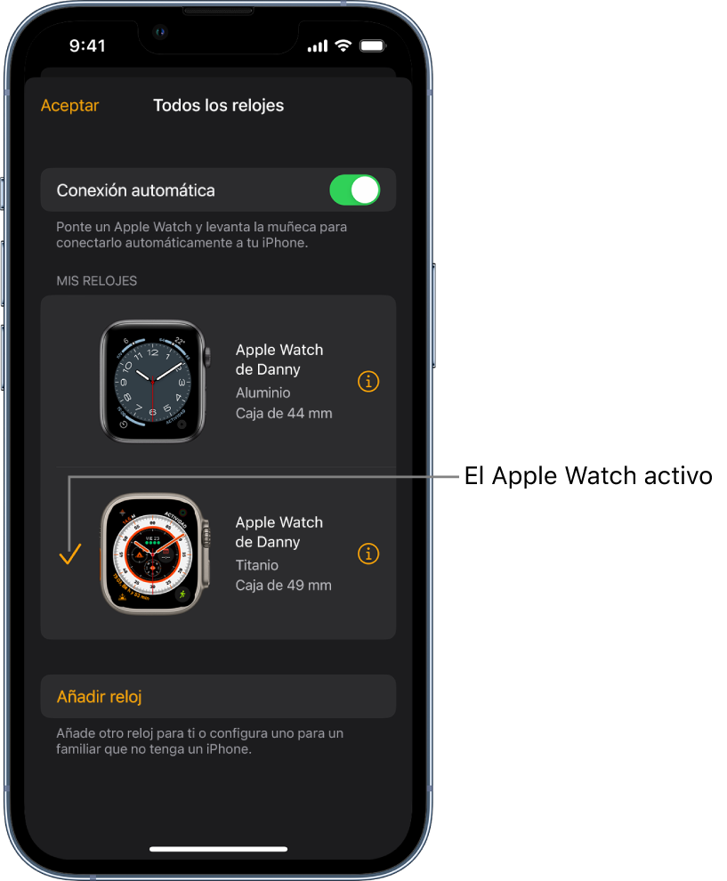 En la pantalla “Todos los relojes” de la app Apple Watch, una marca de verificación muestra el Apple Watch activo.