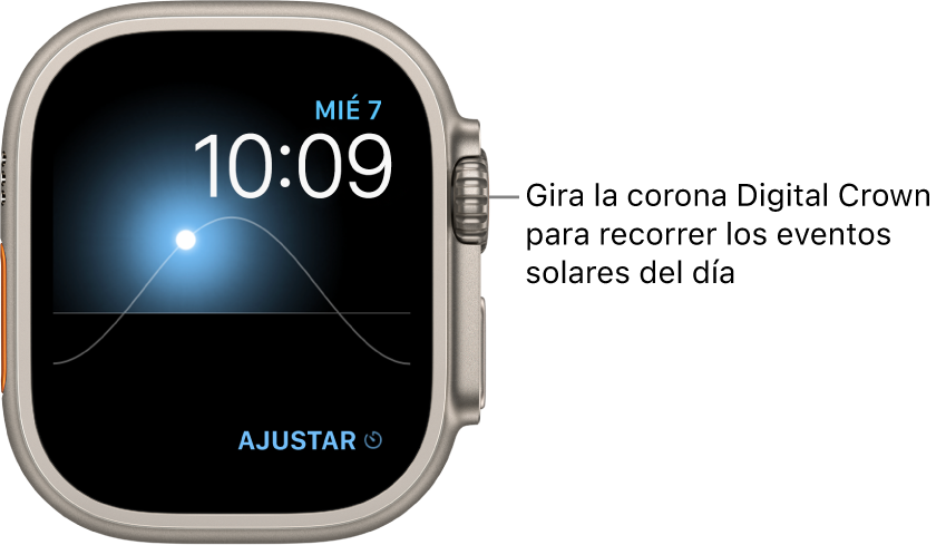 Esfera Gráfico Solar en la que se muestran el día de la semana, la fecha y la hora actual. Esta esfera no se puede personalizar. Abajo a la derecha se muestra una complicación Temporizadores. Gira la corona Digital Crown para cambiar la posición del sol a las fases de crepúsculo, amanecer, mediodía, puesta de sol o noche.