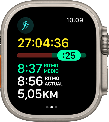 La app Entreno en el Apple Watch con el análisis del ritmo en un entreno Correr. En la parte de arriba aparece la duración de la actividad de correr. Debajo se ve un regulador que indica cuánto has recorrido o si vas con retraso respecto a tu ritmo. Debajo aparecen los datos de ritmo medio, ritmo actual y distancia.