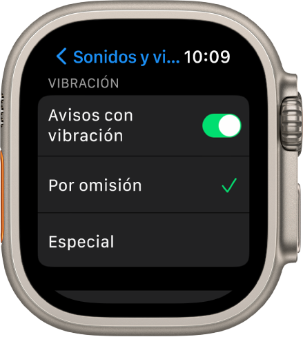 Ajustes de “Sonidos y vibraciones” en el Apple Watch, con el interruptor “Avisos con vibración”, y debajo las opciones “Por omisión” y Especial.