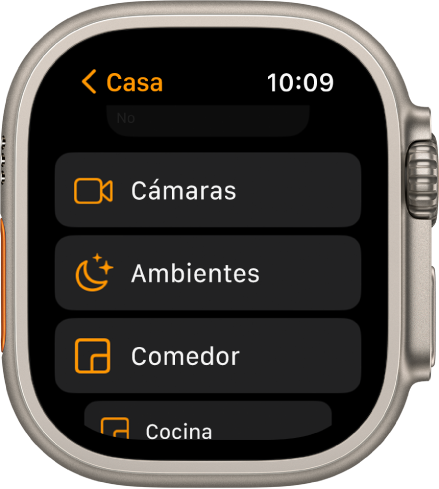 La app Casa, con una lista de habitaciones que muestra cámaras, un botón de ambientes y dos habitaciones.