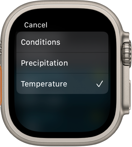 Rakenduses Weather on loendis kolm valikut - Conditions, Precipitation ja Temperature.