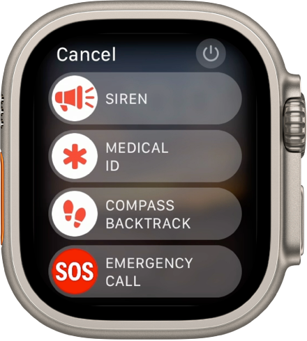 Apple Watchi kuva koos nelja liuguriga: Siren, Medical ID, Compass Backtrack ja Emergency Call. Paremal üleval on nupp Power.