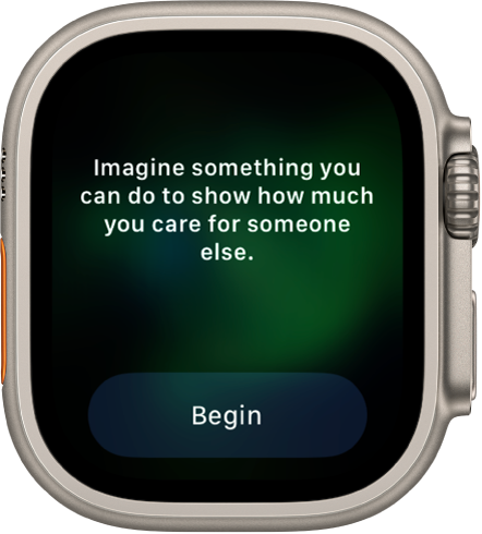 Rakendus Mindfulness kuvab mõtet, millest saate mõelda – ”Imagine something you can do to show how much you care for someone else”. All on nupp Begin.