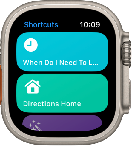 Apple Watchi rakenduses Shortcuts kuvatakse kahte otseteed – When Do I Need To Leave ja Directions Home.