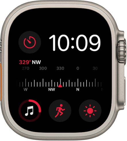 Kellakuva Modular, kus saate reguleerida kellakuva värvi. Ülaosas kuvatakse kellaaega, üleval vasakul komplikatsiooni Timers, keskel komplikatsiooni Compass Heading ning allosas komplikatsioonid Music, Workout ja Weather Conditions.
