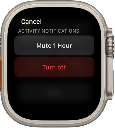 Apple Watchi märguandeseaded. Ülemisel nupul on kirjas "Mute 1 Hour”. All on nupp Turn Off.