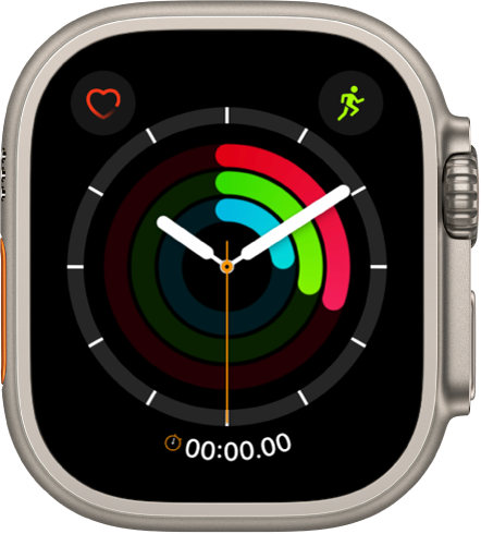 Kellakuva Activity Analog, milles kuvatakse kellaaega ning ka eesmärkide Move, Exercise, ja Stand edenemist. Seal on ka kolm komplikatsiooni: üleval vasakul Heart Rate, üleval paremal Workout ning all Stopwatch.