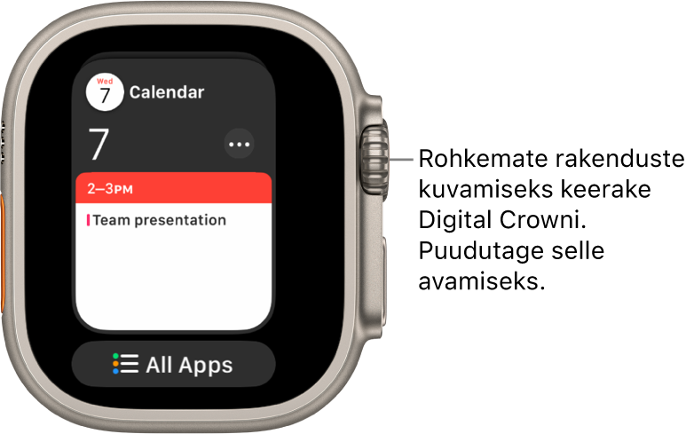 Dockis kuvatakse rakendust Calendar ning selle all on nupp All Apps. Rohkemate rakenduste nägemiseks keerake Digital Crowni. Puudutage rakendust selle avamiseks.