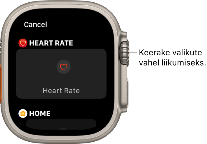 Kellakuva kohandamise kuva, kus on esile tõstetud komplikatsioon Heart Rate. Komplikatsioonide sirvimiseks keerake Digital Crowni.