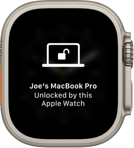 Apple Watchi kuva teatega “Joe’s MacBook Pro Unlocked by this Apple Watch” (Joe MacBook Pro avati selle Apple Watchiga).