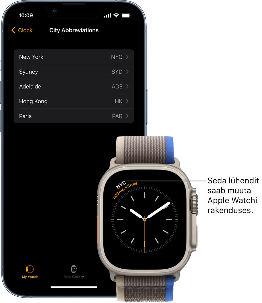 iPhone ja Apple Watch, üksteise kõrval. Apple Watchi ekraanil kuvatakse New York City kellaaega, kasutades lühendit NYC. iPhone'i ekraanil on rakendusest Apple Watch valitud Clock-seadete alt menüü City Abbreviations koos linnade loendiga.